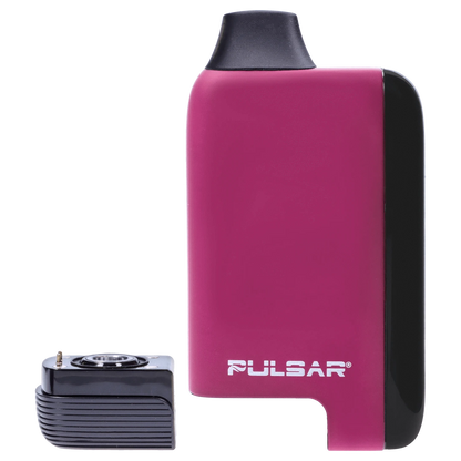 Close-up of the Pulsar 510 DL 5.0 Thermo Series Vape - Fairy Fire showing its upright magenta body with black mouthpiece and detached black pod on a plain background.