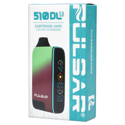 Angled close-up of the Pulsar 510 DL 5.0 Thermo Series Vape - Fairy Fire box showing the color-changing device image, teal side panel, and front product graphics
