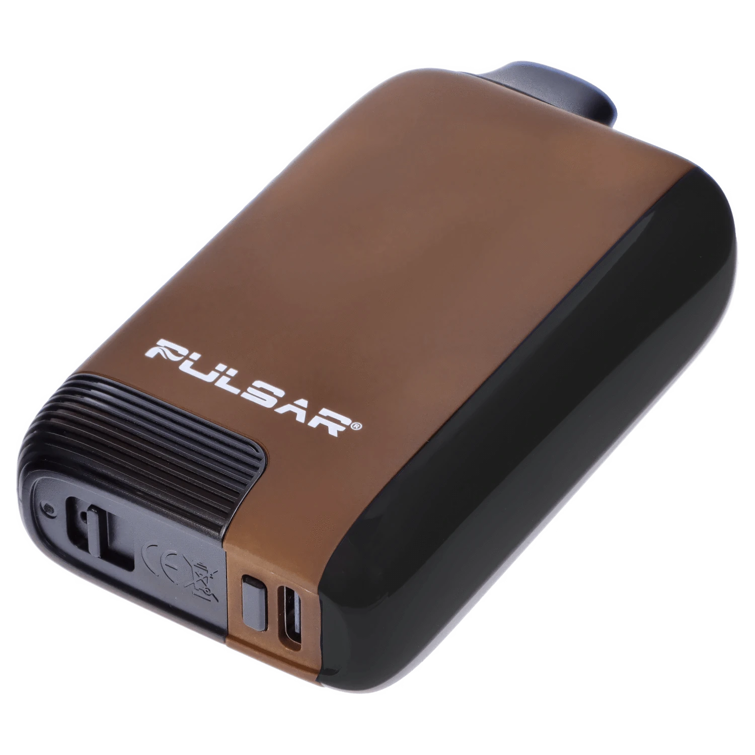 Angled close-up of the brown Pulsar 510 DL 5.0 Thermo Series Vape - Earthstorm showing the curved top, white logo, and ribbed mouthpiece end.