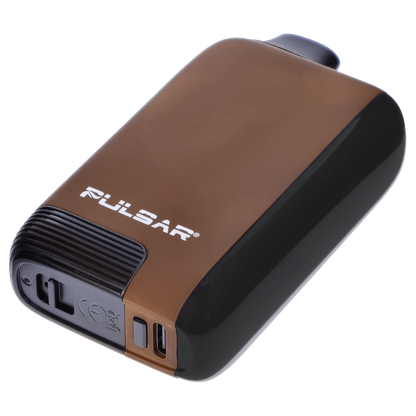 Angled close-up of the brown Pulsar 510 DL 5.0 Thermo Series Vape - Earthstorm showing the curved top, white logo, and ribbed mouthpiece end.