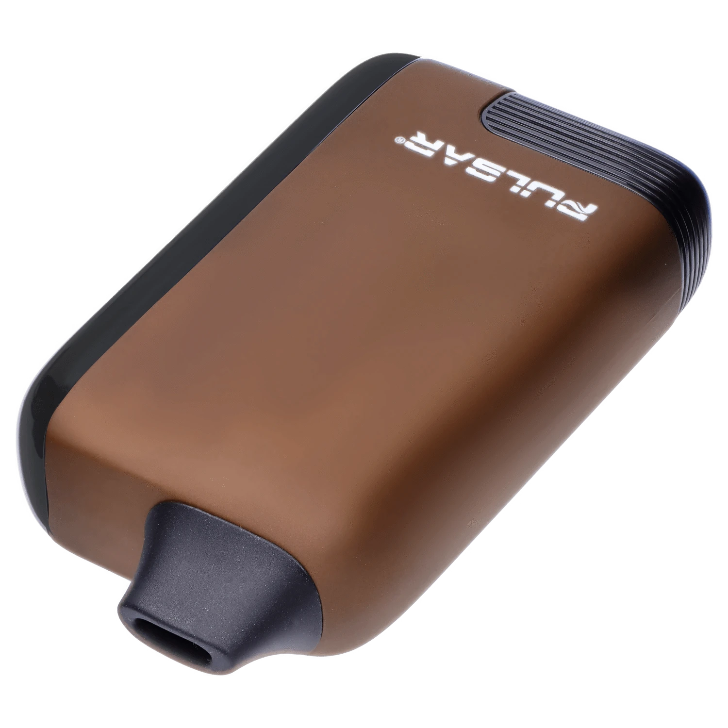 Angled close-up of the brown Pulsar 510 DL 5.0 Thermo Series Vape - Earthstorm showing its matte curved body, black mouthpiece, and illuminated logo.