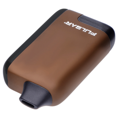 Angled close-up of the brown Pulsar 510 DL 5.0 Thermo Series Vape - Earthstorm showing its matte curved body, black mouthpiece, and illuminated logo.