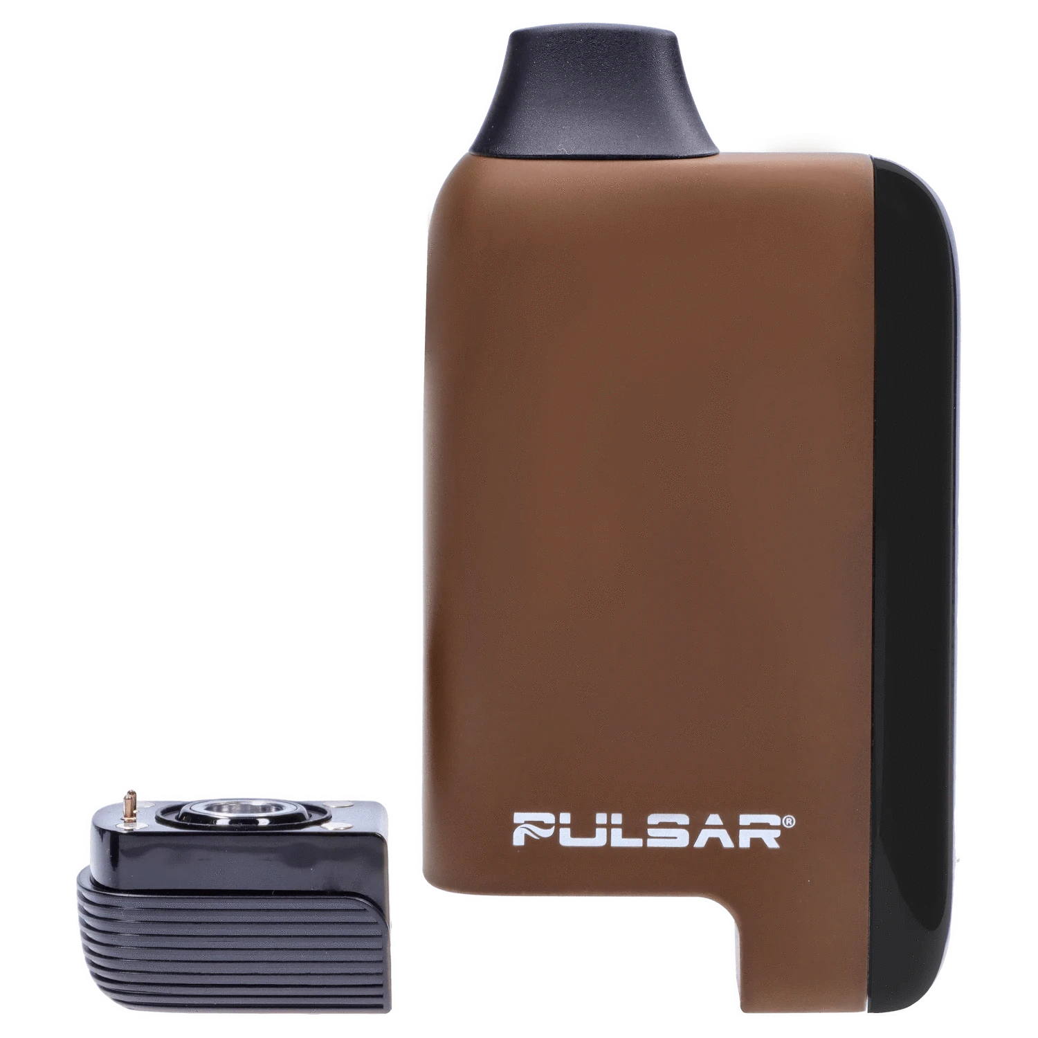 Close-up front view of the brown Pulsar 510 DL 5.0 Thermo Series Vape - Earthstorm showing its rounded top mouthpiece, white logo near the base, and a detached black cartridge module.
