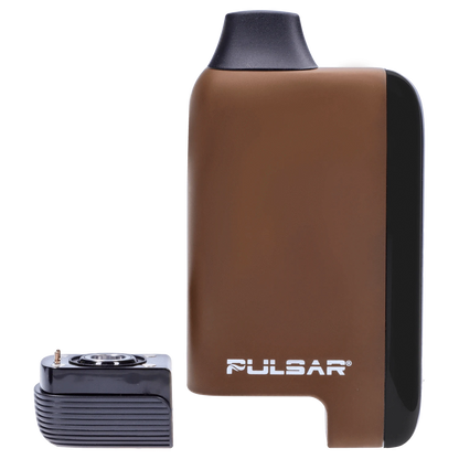 Close-up front view of the brown Pulsar 510 DL 5.0 Thermo Series Vape - Earthstorm showing its rounded top mouthpiece, white logo near the base, and a detached black cartridge module.