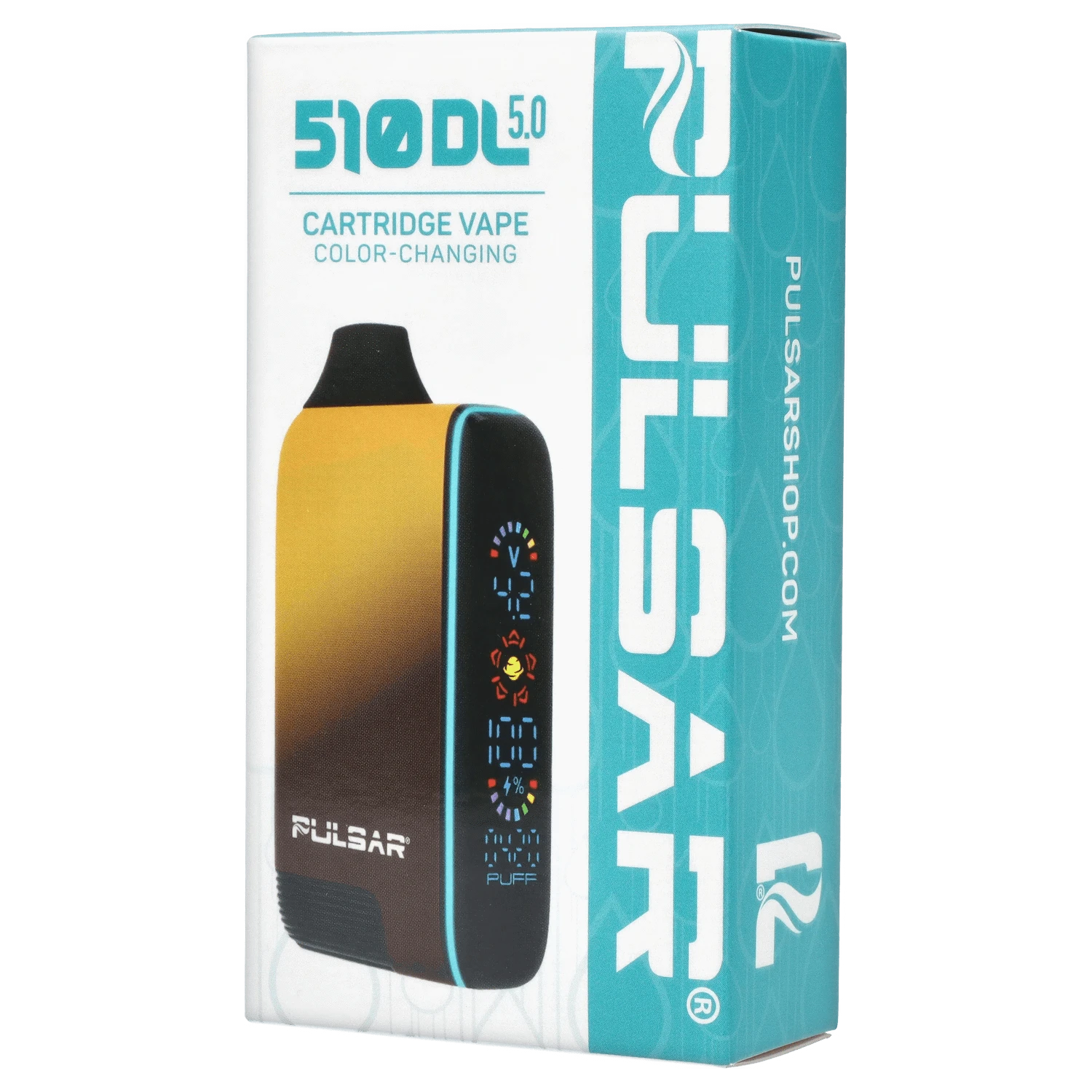 Angled close-up of the Pulsar 510 DL 5.0 Thermo Series Vape - Earthstorm box showing the yellow-black device with a vertical LED display and teal branded side panel.