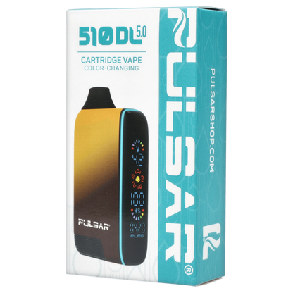 Angled close-up of the Pulsar 510 DL 5.0 Thermo Series Vape - Earthstorm box showing the yellow-black device with a vertical LED display and teal branded side panel.