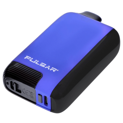 Angled close-up of the blue Pulsar 510 DL 5.0 Thermo Series Vape - Royal Wizard showing its rounded edges, black mouthpiece and textured base.