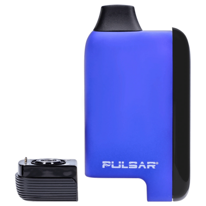 Close-up front view of the blue Pulsar 510 DL 5.0 Thermo Series Vape - Royal Wizard body with its black mouthpiece and a detached black pod beside it.