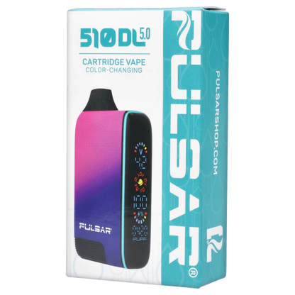 Angled front view of the color-changing Pulsar 510 DL 5.0 Thermo Series Vape - Royal Wizard showing its pink-to-purple gradient body and teal-trimmed black OLED display on teal packaging