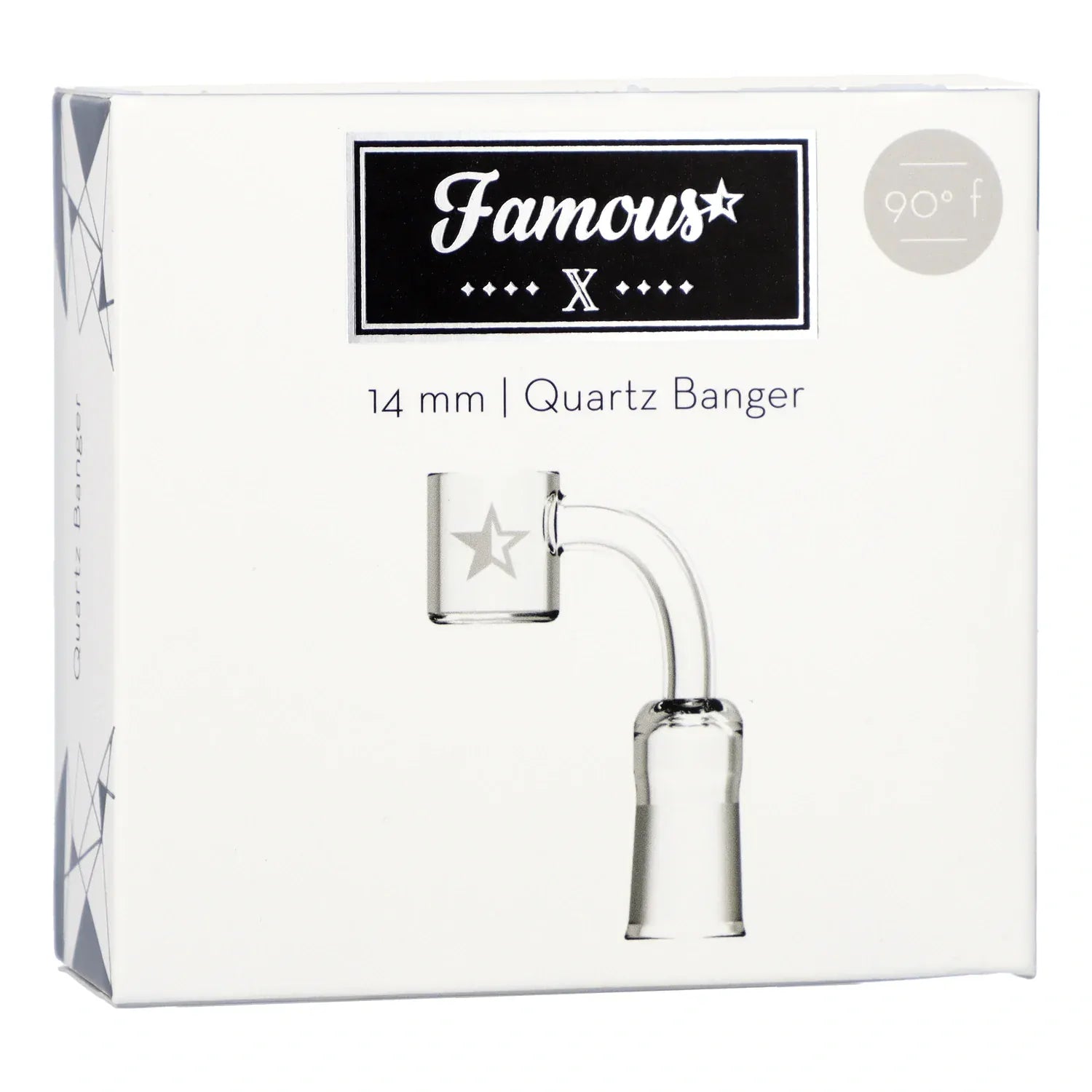 Top-down product shot of the Famous X 90 Degree Banger - Clear - Female 14mm box showing the clear glass 90-degree quartz banger and black Famous X logo on a white background