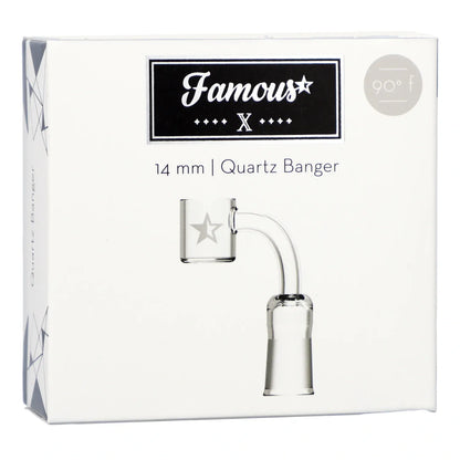 Top-down product shot of the Famous X 90 Degree Banger - Clear - Female 14mm box showing the clear glass 90-degree quartz banger and black Famous X logo on a white background