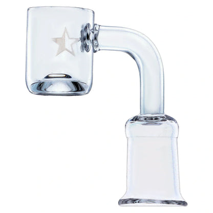 Close-up side view of the clear Famous X 90 Degree Banger - Clear - Female 14mm showing its right-angled glass neck and square bucket with a subtle etched star.