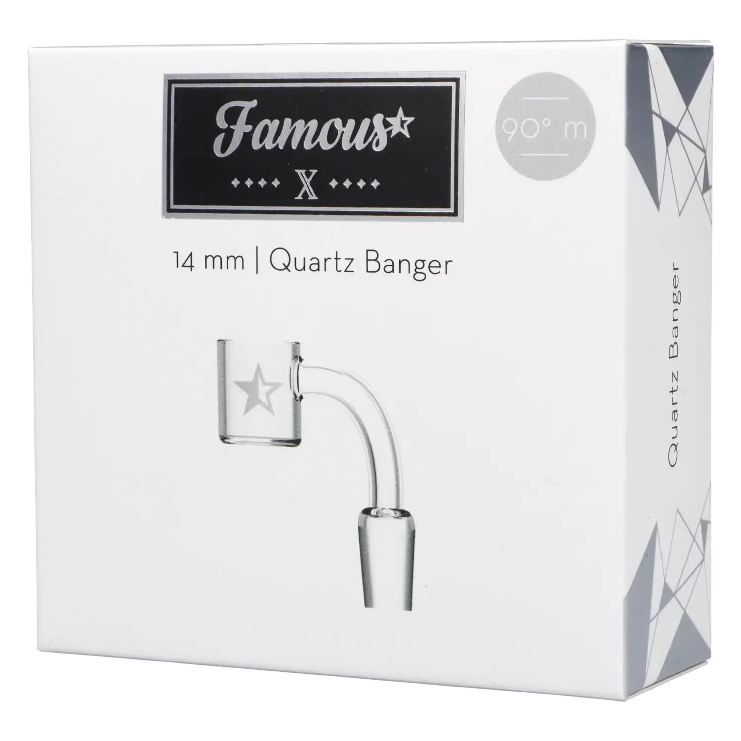 Angled close-up of the Famous X Quartz Banger - 90 degree - Clear - Male 14mm box showing the clear bent quartz joint and branded logo.