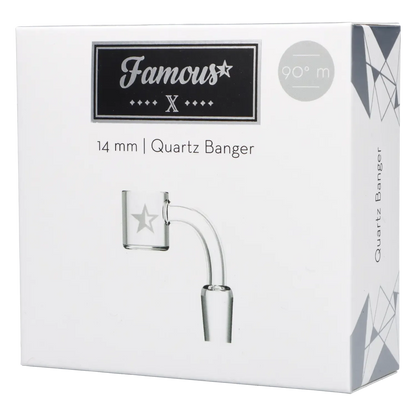 Angled close-up of the Famous X Quartz Banger - 90 degree - Clear - Male 14mm box showing the clear bent quartz joint and branded logo.