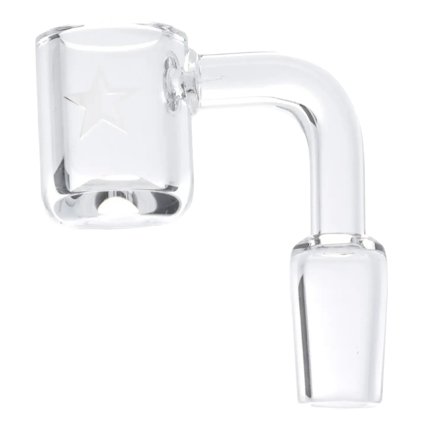 Close-up side view of the clear Famous X Quartz Banger - 90 degree - Clear - Male 14mm showing its curved neck and star-etched bucket.