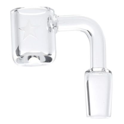 Close-up side view of the clear Famous X Quartz Banger - 90 degree - Clear - Male 14mm showing its curved neck and star-etched bucket.