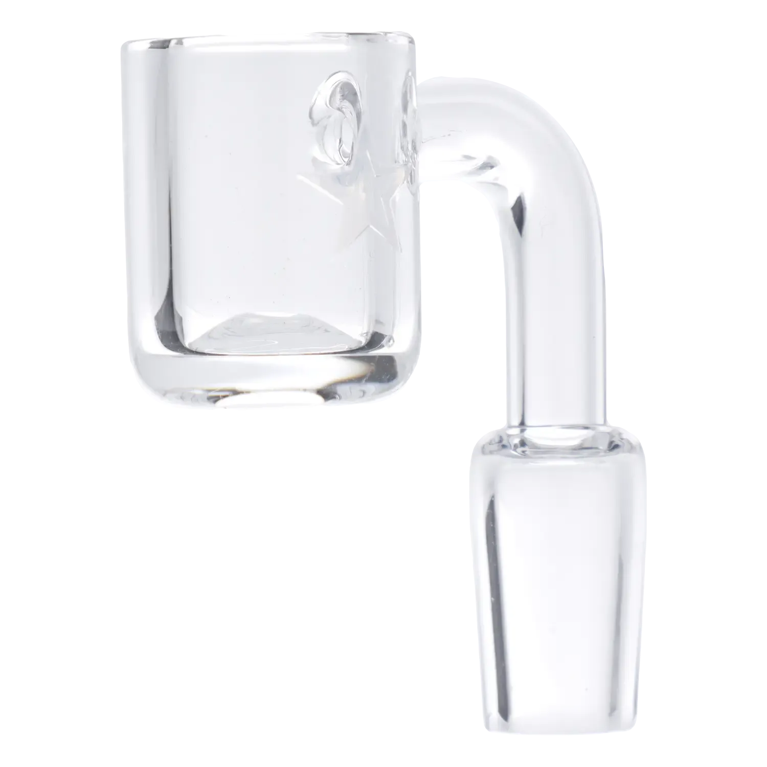 Close-up side view of the clear Famous X Quartz Banger - 90 degree - Clear - Male 14mm showing its right-angle joint and smooth glass cup against a white background