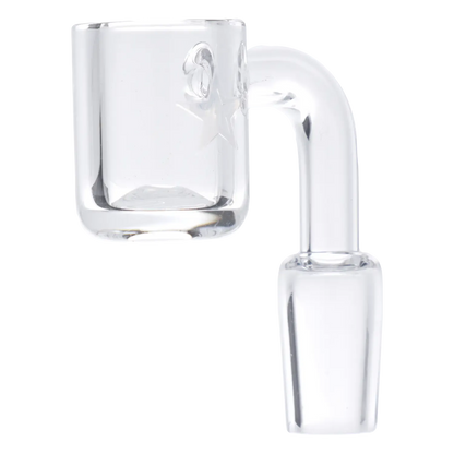 Close-up side view of the clear Famous X Quartz Banger - 90 degree - Clear - Male 14mm showing its right-angle joint and smooth glass cup against a white background