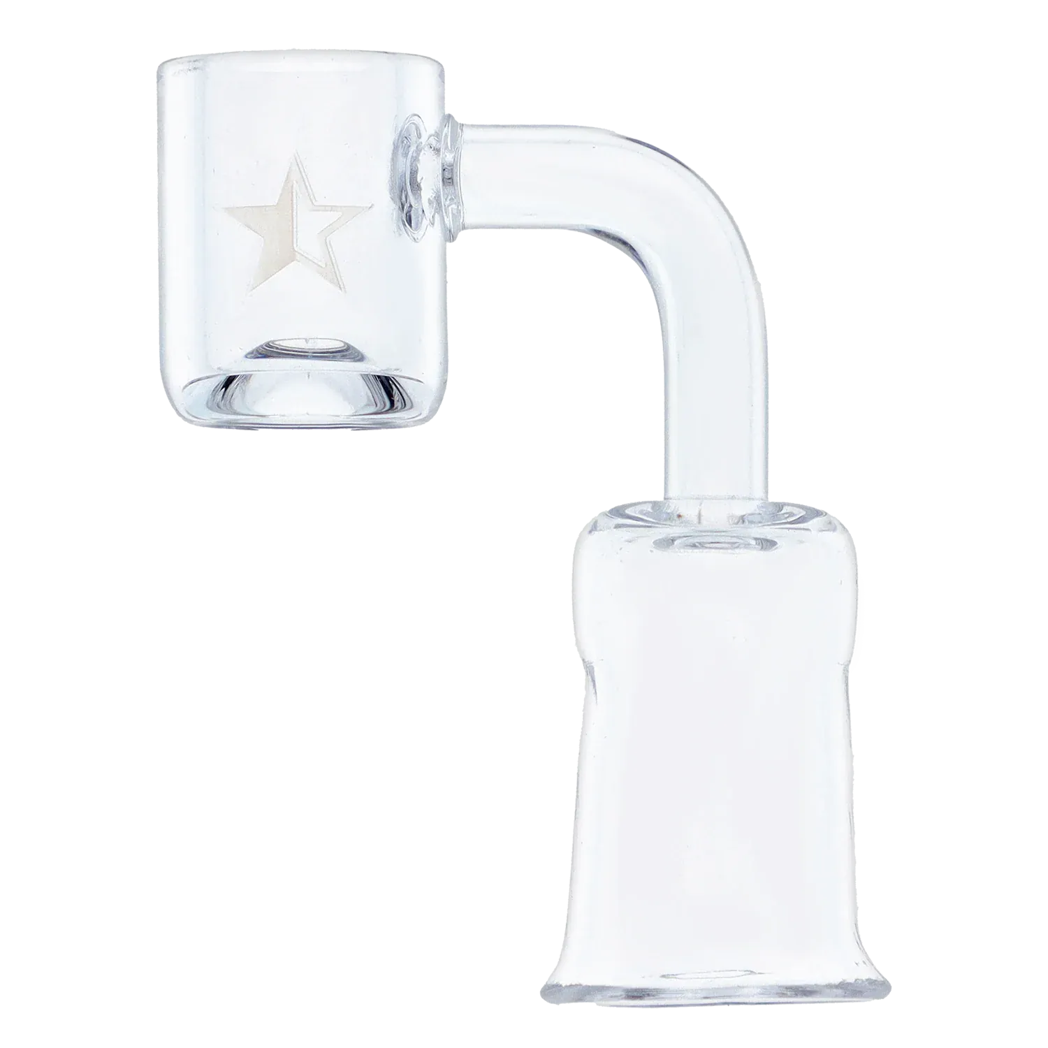 Close-up side view of the Famous X Quartz Banger - 90 degree - Clear - Female 18mm showing a clear 90-degree quartz joint with an etched star on the bucket.