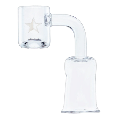 Close-up side view of the Famous X Quartz Banger - 90 degree - Clear - Female 18mm showing a clear 90-degree quartz joint with an etched star on the bucket.