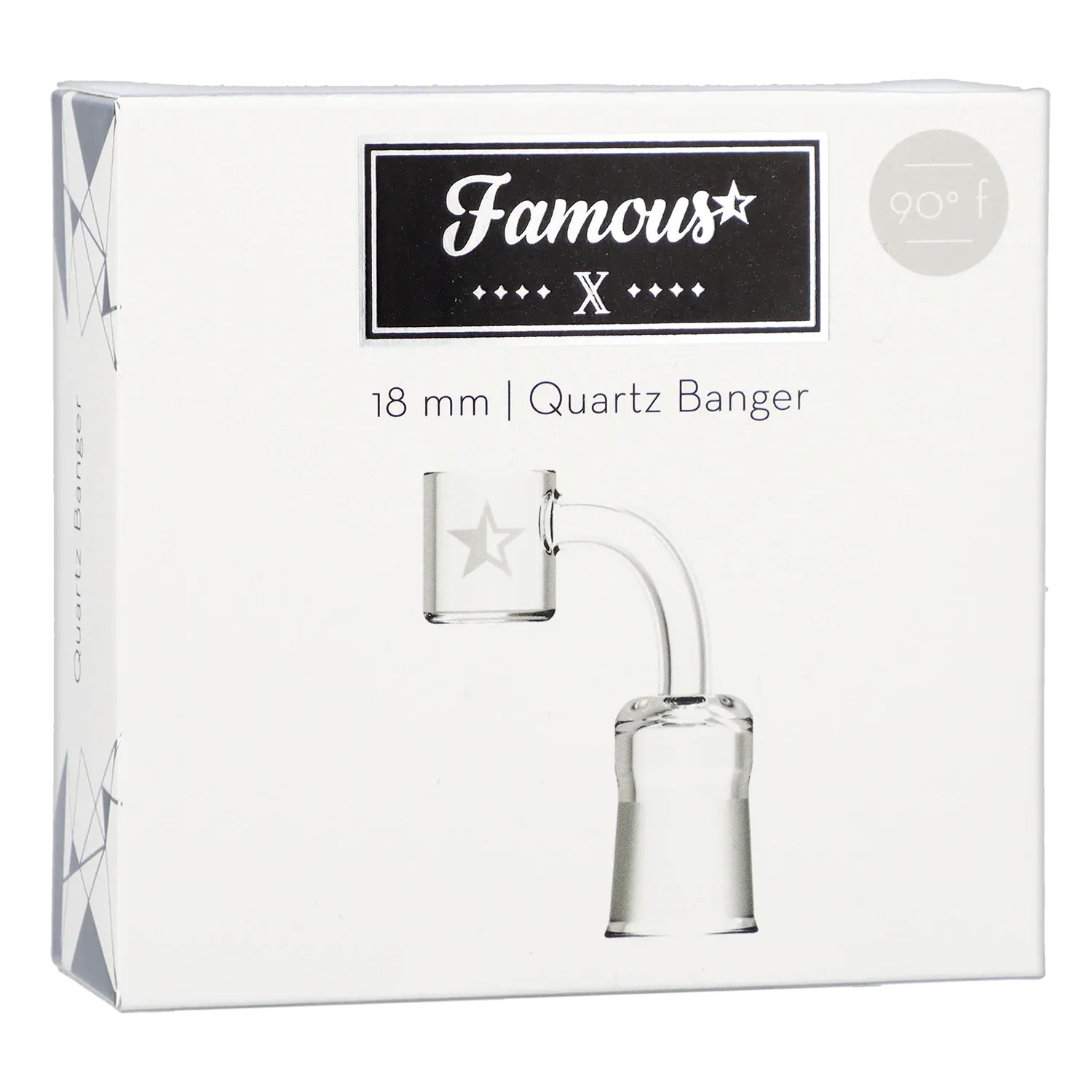 Top view of the Famous X Quartz Banger - 90 degree - Clear - Female 18mm on white packaging showing the clear 90° quartz joint and etched star detail.