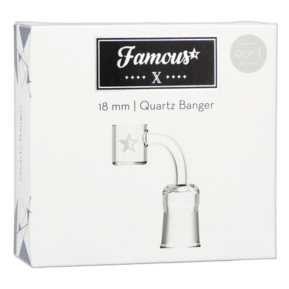 Top view of the Famous X Quartz Banger - 90 degree - Clear - Female 18mm on white packaging showing the clear 90° quartz joint and etched star detail.
