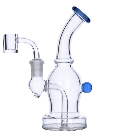 A three-quarter view of the 7-inch Valiant Dab Rig with a quartz banger, showcasing its clear glass construction and unique angled design.