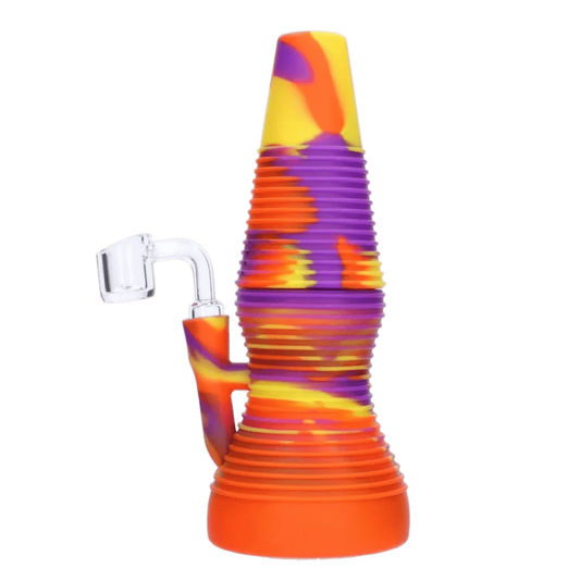 A front view of the Valiant Silicone Dab Rig in orange, yellow, and purple, showing its curved shape and joint.