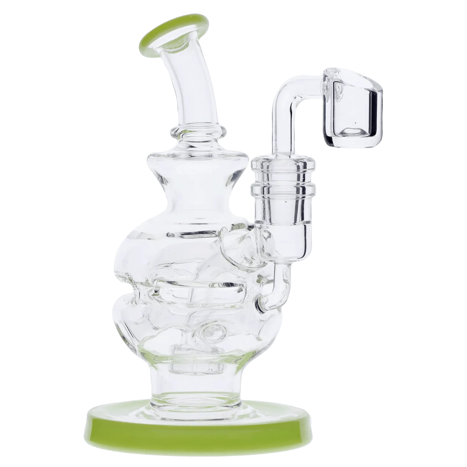 Side view of the Dab Rig Recycler showing clear glass chambers, a bent mouthpiece with a green-rimmed lip, and a matching green base.