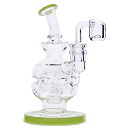 Side view of the Dab Rig Recycler showing clear glass chambers, a bent mouthpiece with a green-rimmed lip, and a matching green base.