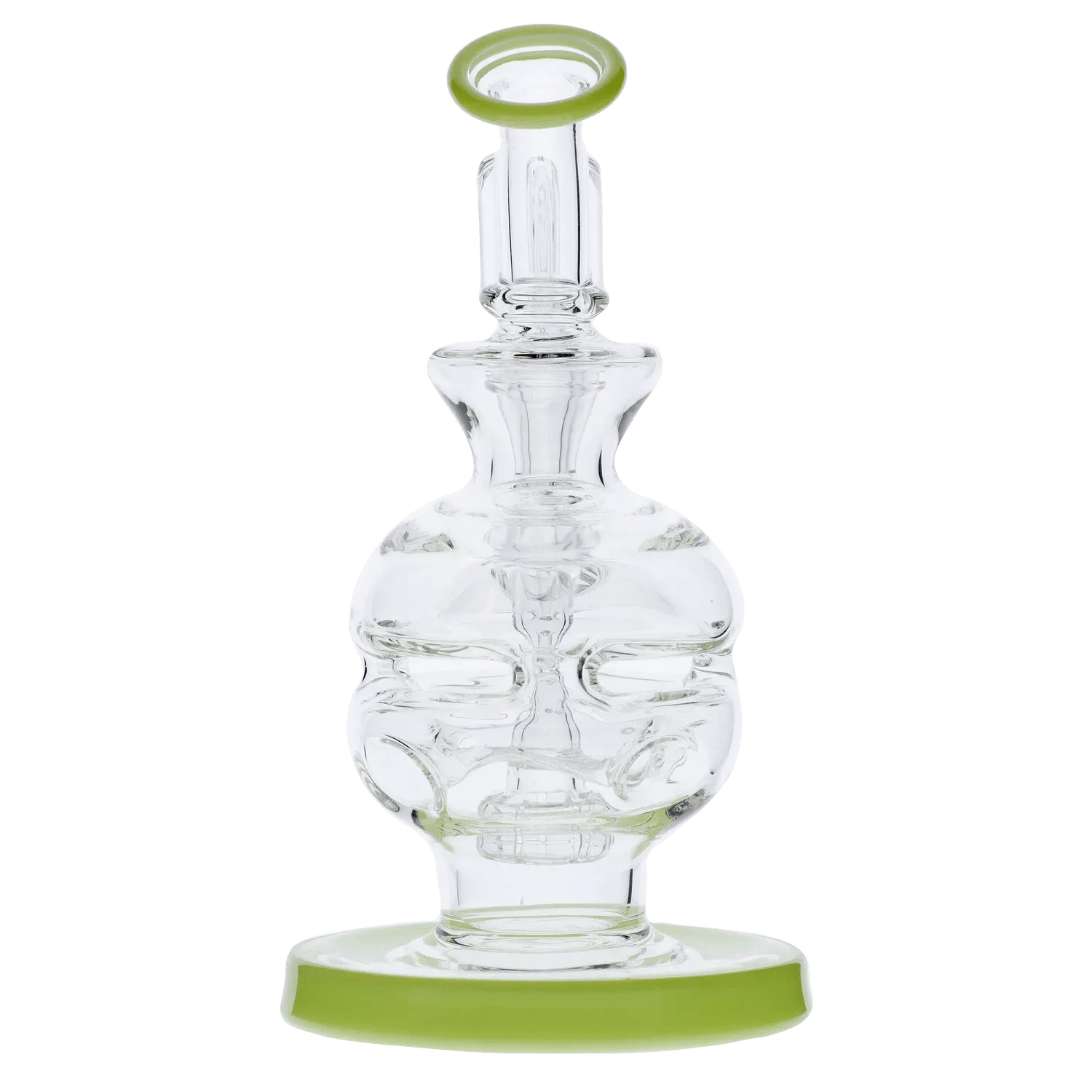 Front-facing close-up of the Dab Rig Recycler showing its clear sculpted glass body with a green-rimmed mouthpiece and matching green base.