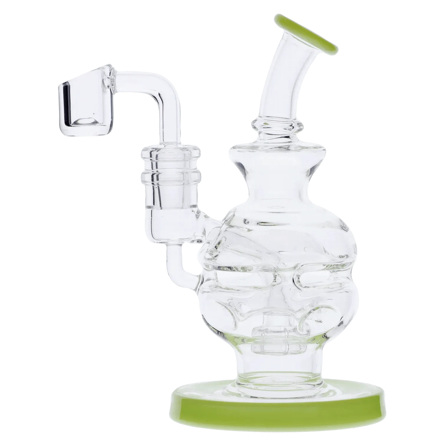 Angled close-up of the clear Dab Rig Recycler showing its curved mouthpiece, bubbled body, side-arm recycler tube, and lime-green rimmed base