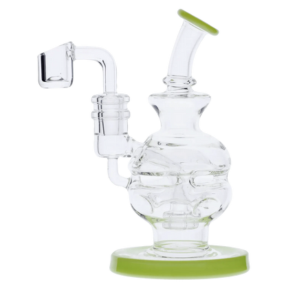 Angled close-up of the clear Dab Rig Recycler showing its curved mouthpiece, bubbled body, side-arm recycler tube, and lime-green rimmed base