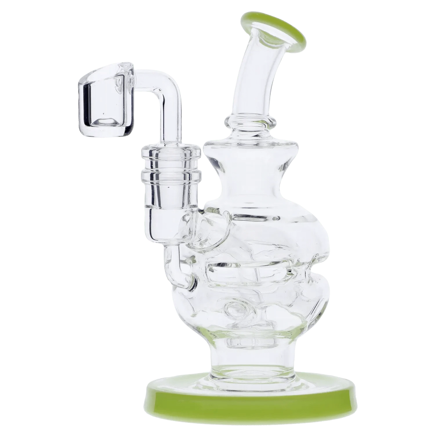 Angled close-up of a clear glass Dab Rig Recycler showing its curved neck, bubbled chamber, and lime-green rimmed base.