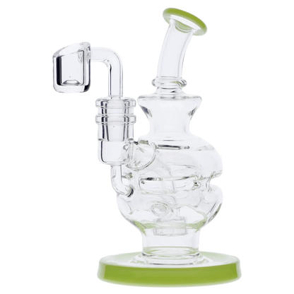 Angled close-up of a clear glass Dab Rig Recycler showing its curved neck, bubbled chamber, and lime-green rimmed base.