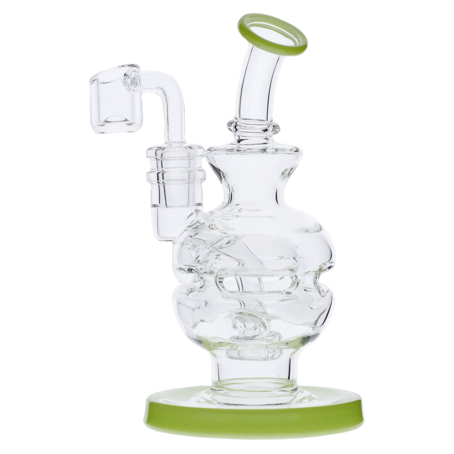 Angled close-up of the clear glass Dab Rig Recycler showing its bulbous recycler chamber, bent neck and lime-green rim and base.