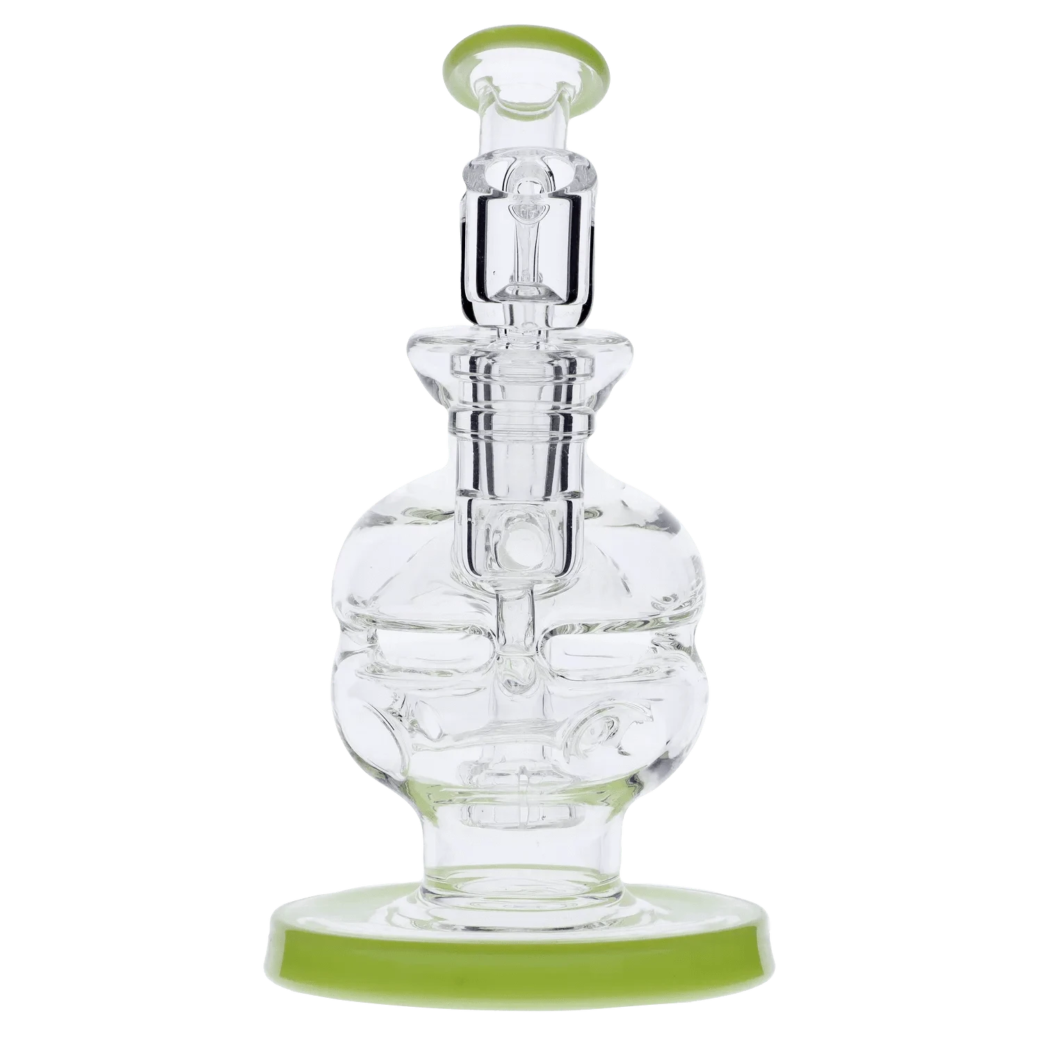 Centered front view of the Dab Rig Recycler showing its clear glass body and stacked recycler chambers with a lime-green rim base.