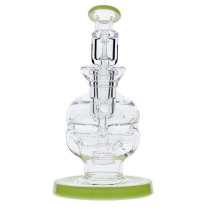 Centered front view of the Dab Rig Recycler showing its clear glass body and stacked recycler chambers with a lime-green rim base.