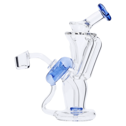 Front view of the 6-inch Bent Neck Dab Rig Recycler in blue glass, showcasing its curved neck and recycler design.