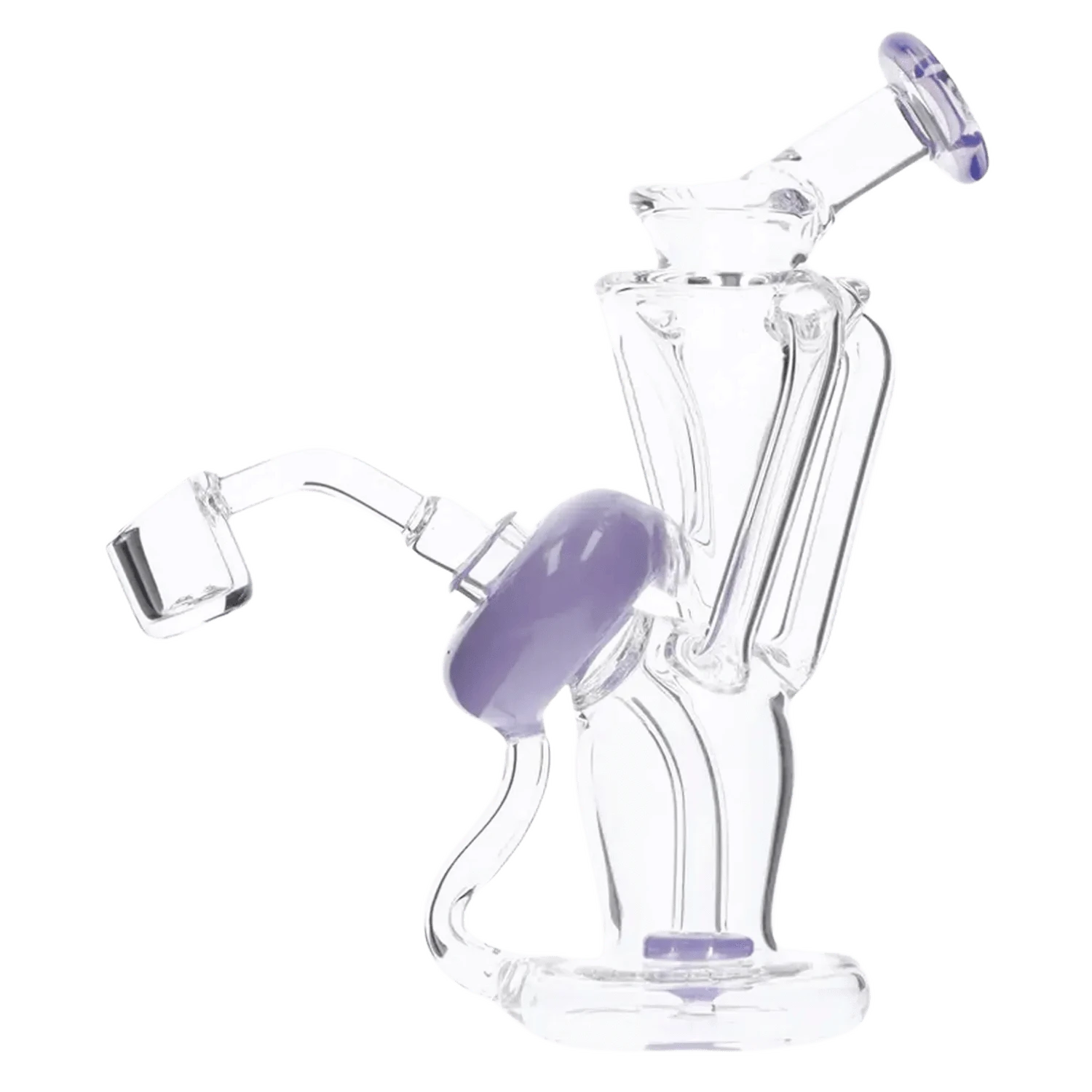 Three-quarter view of the Bent Neck Dab Rig Recycler-Milky Purple-6in(RCL-S-034MPP) showing clear glass tubing, a milky purple accent disc and angled mouthpiece.