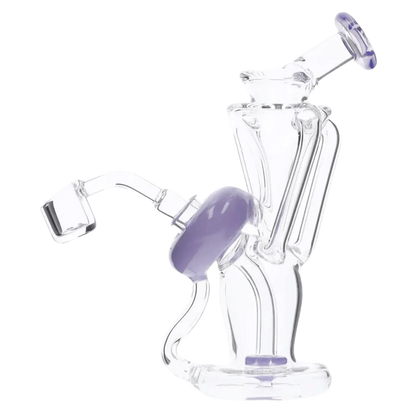 Three-quarter view of the Bent Neck Dab Rig Recycler-Milky Purple-6in(RCL-S-034MPP) showing clear glass tubing, a milky purple accent disc and angled mouthpiece.