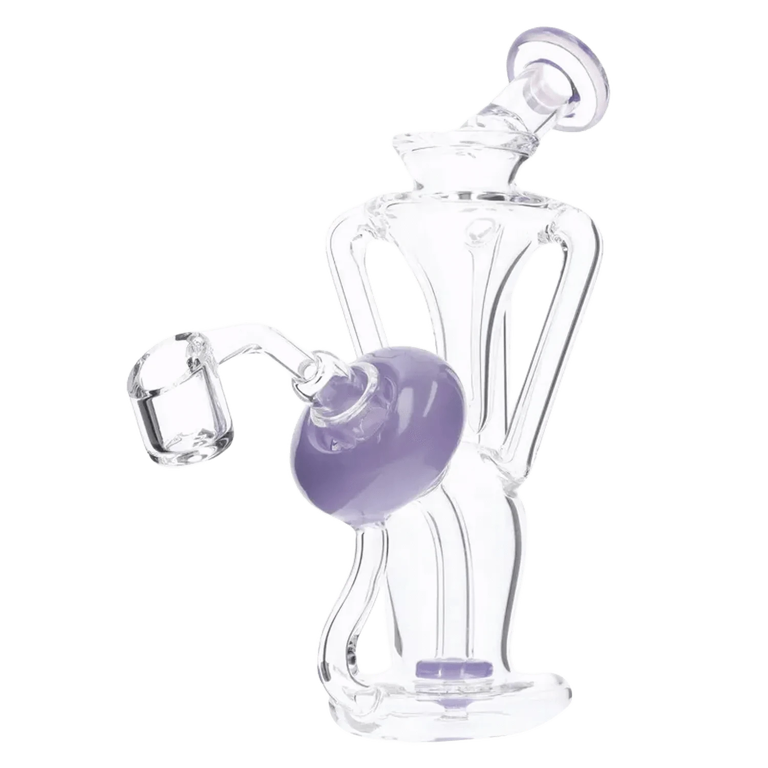 Angled close-up of the Bent Neck Dab Rig Recycler-Milky Purple-6in(RCL-S-034MPP) showing a clear glass bent neck, purple accent bubble, and tilted mouthpiece.