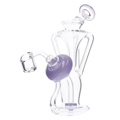 Angled close-up of the Bent Neck Dab Rig Recycler-Milky Purple-6in(RCL-S-034MPP) showing a clear glass bent neck, purple accent bubble, and tilted mouthpiece.