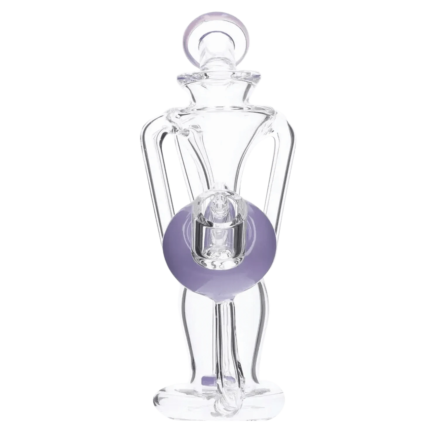 Top-front view of the Bent Neck Dab Rig Recycler-Milky Purple-6in(RCL-S-034MPP) showing clear glass bent neck tubes and a visible milky purple circular accent.