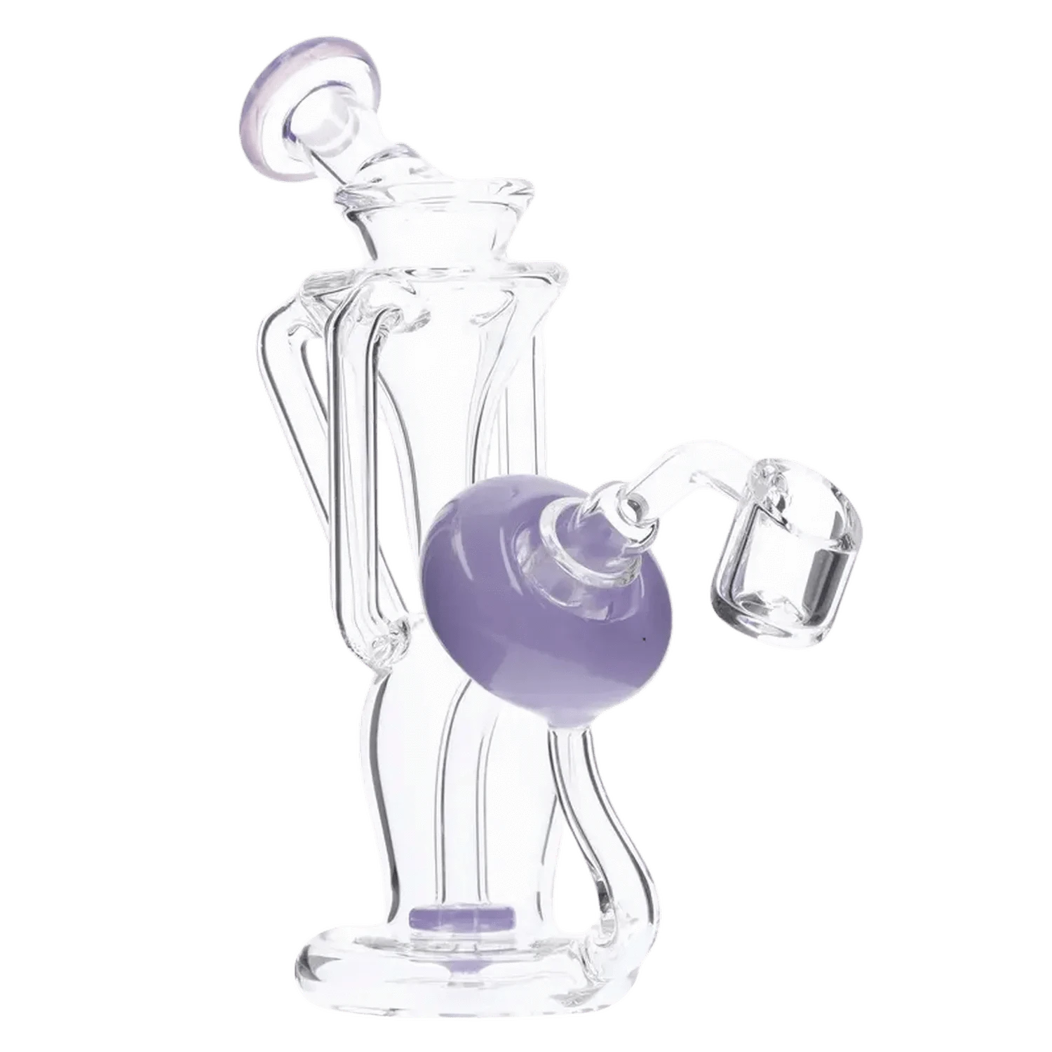 Angled close-up of the Bent Neck Dab Rig Recycler-Milky Purple-6in(RCL-S-034MPP) showing clear glass curves and a milky purple recycler ball against a white background
