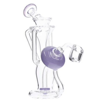 Angled close-up of the Bent Neck Dab Rig Recycler-Milky Purple-6in(RCL-S-034MPP) showing clear glass curves and a milky purple recycler ball against a white background