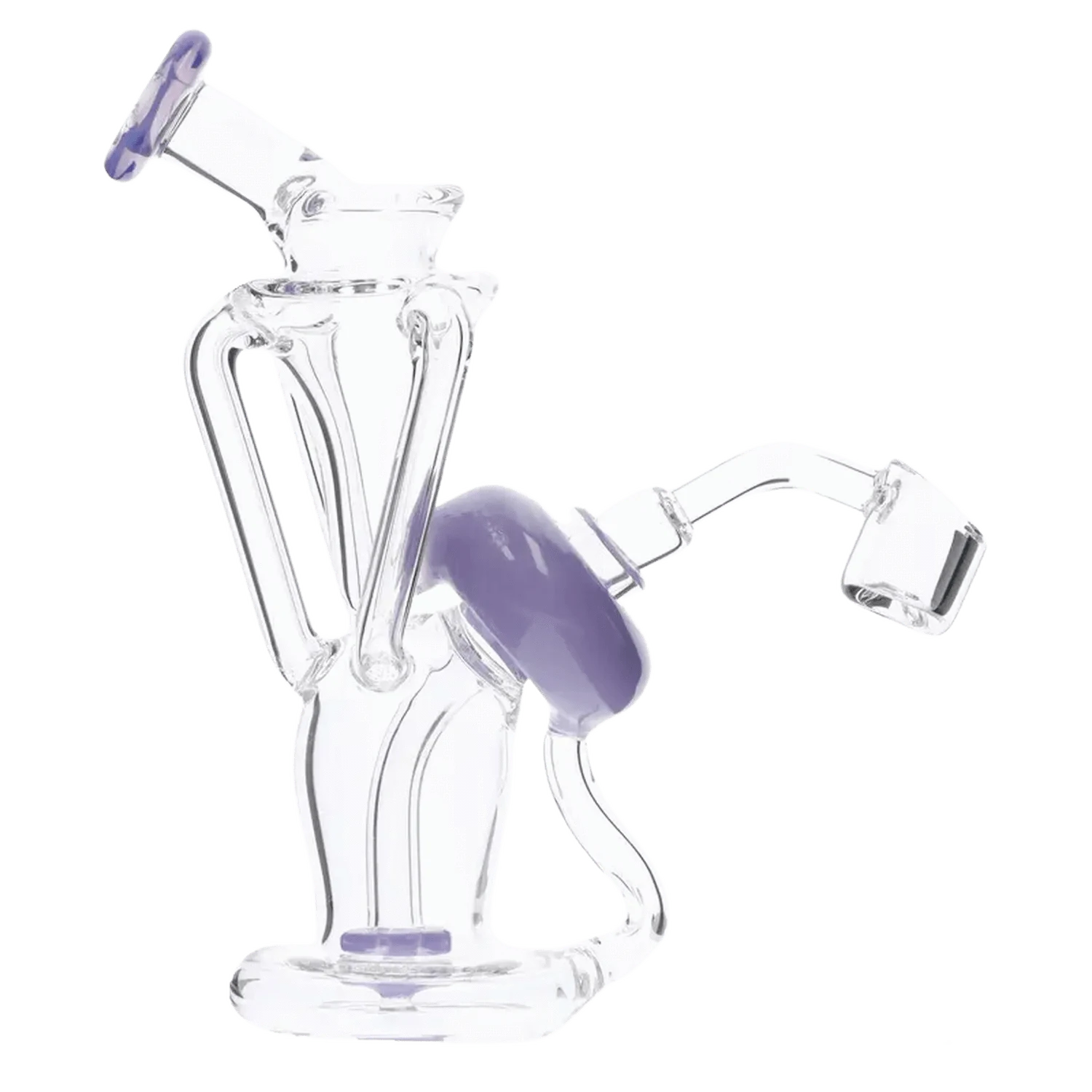 Angled close-up of the Bent Neck Dab Rig Recycler-Milky Purple-6in(RCL-S-034MPP) showing clear glass tubes and a milky purple circular recycler joint.