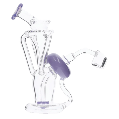 Angled close-up of the Bent Neck Dab Rig Recycler-Milky Purple-6in(RCL-S-034MPP) showing clear glass tubes and a milky purple circular recycler joint.