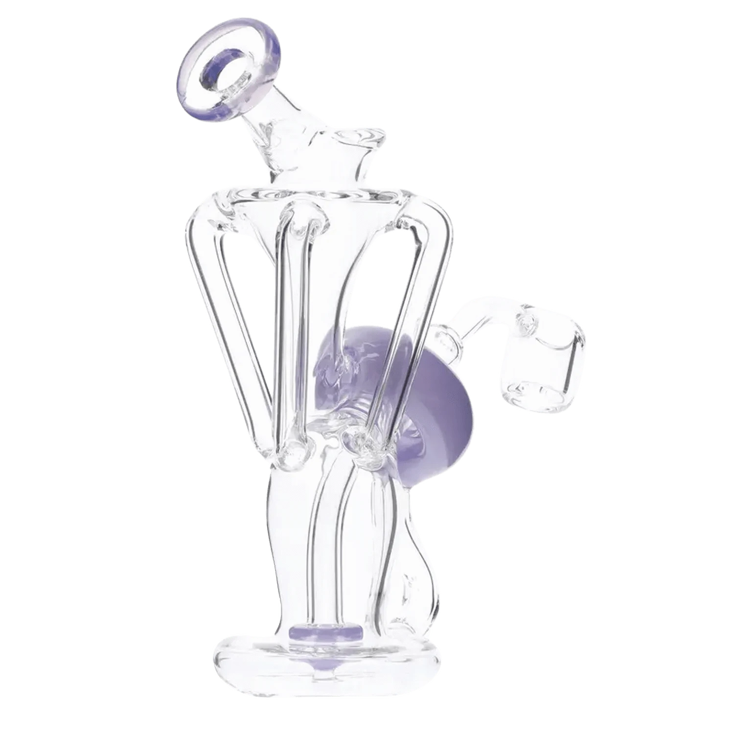 Angled close-up of the Bent Neck Dab Rig Recycler-Milky Purple-6in(RCL-S-034MPP) showing clear glass tubes and a milky purple recycler sphere.
