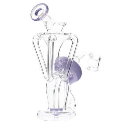 Angled close-up of the Bent Neck Dab Rig Recycler-Milky Purple-6in(RCL-S-034MPP) showing clear glass tubes and a milky purple recycler sphere.